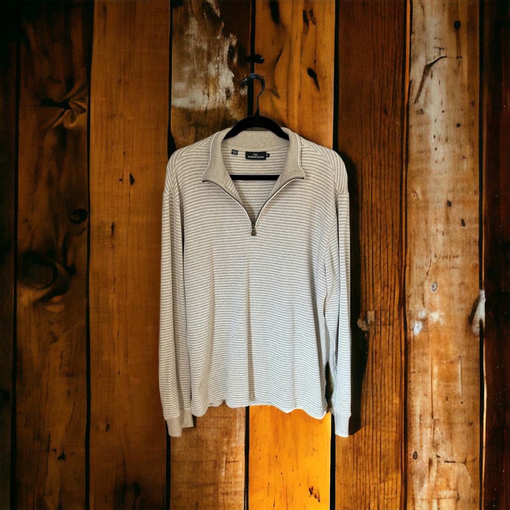 RODD & GUNN-Quarter Zip Sweater-Cream W/ White Stripes-SIZE US MEDIUM